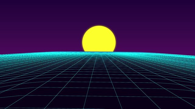 Retro Synthwave Digital Landscape with Neon Grid and Sunset for Loop Animation