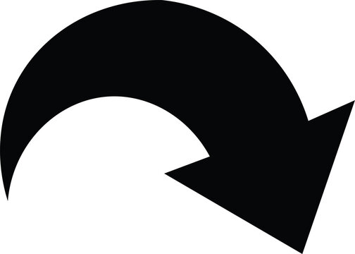 Black curved arrow icon pointing down and to the right, simple vector graphic design element for navigation, direction, or redo action isolated on transparent background
