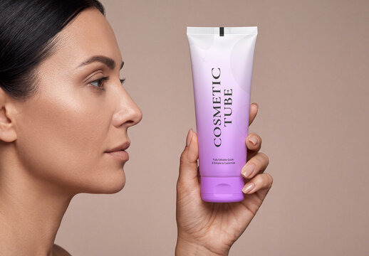 Woman Holding Beauty Skincare Cosmetic Cream Tube Mockup