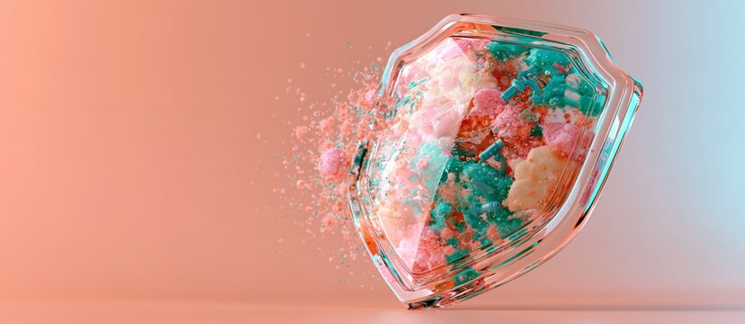 Transparent shield shatters, revealing swirling colors inside