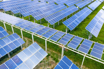 Rows of blue solar panels on green grass generating renewable energy © zhangyang135769