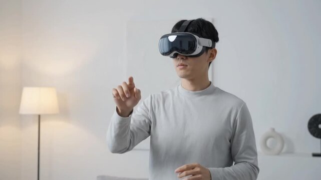 Slow Motion Young Man Wearing VR Headset Virtual Reality Single Clip