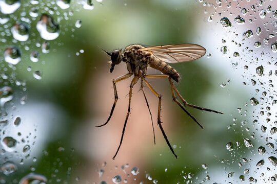 Crane fly resting on wet window during rain