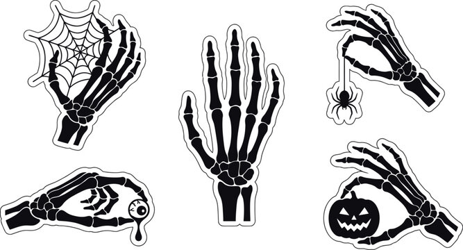 Spooky skeleton hands with Halloween symbols vector collection