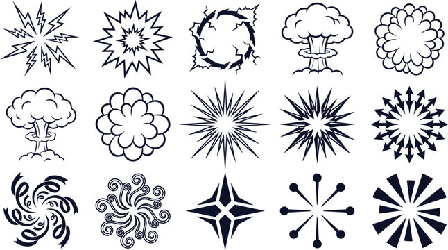 Cartoon lightning flash, nuclear explosion, and magic burst elements vector set