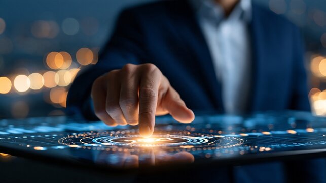 Hand taps glowing holographic interface