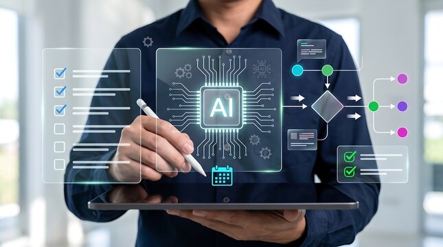 Artificial intelligence process optimization concept showing automated task coordination and connected business workflow technology
