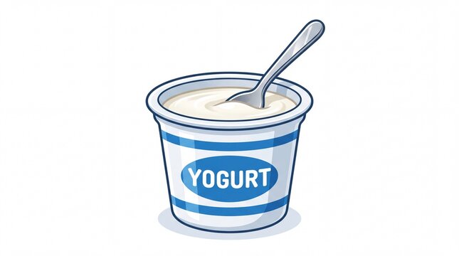 Creamy yogurt in a plastic cup with silver spoon illustration isolated on white background