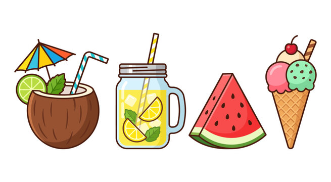 Summer drinks and fruit icons set with tropical elements. refreshing beverage illustrations