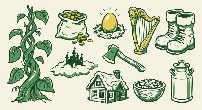 Cute Hand-Drawn Jack and the Beanstalk Magical Cloud Castle Set 10 Objects Marker Doodle Set
