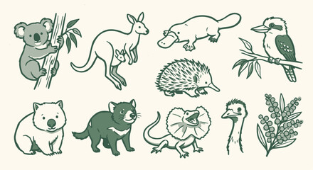 Obraz premium Cute Hand-Drawn Australian Outback Native Marsupials Wildlife Set 10 Objects Marker Doodle Set