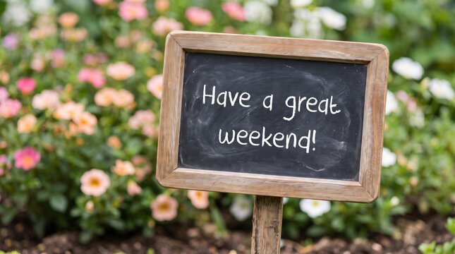 Weekend chalkboard message garden flower signboard burnout holiday weekend. Overworked employee exhausted fatigue. stress pressure anxiety depression, overwhelmed problem sad unhappy, vacation