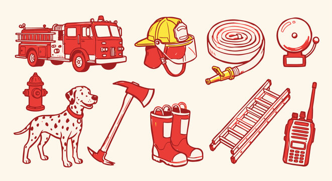 Cute Hand-Drawn Firefighter and Emergency Rescue Hero Tools Set 10 Objects Marker Doodle Set