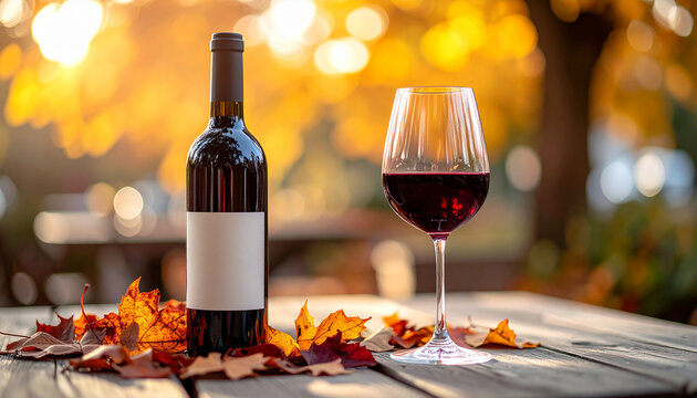 Elegant wine bottle and wine glass on rustic wooden table, autumn leaves, cozy fall atmosphere, softly blurred background, tasty beverage. Alcoholic drink. Close-up.
