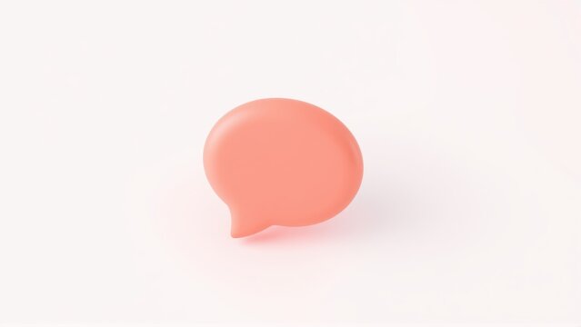 Coral speech bubble floats against gradient backdrop. Minimalist design, soft lighting, simple form. Communication concept.