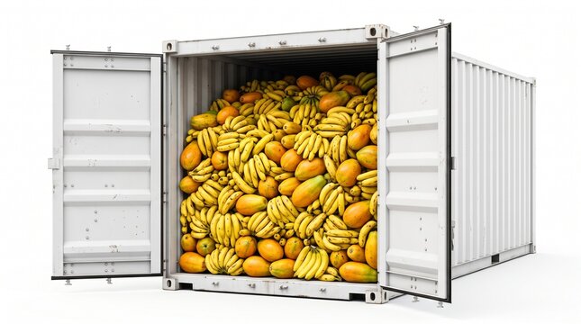 Shipping Container Packed with Mixed Tropical Fruits Including Bananas and Oranges