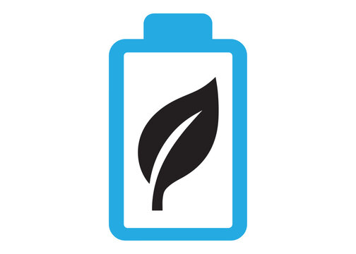 Battery icon containing a leaf symbol representing eco friendly energy storage