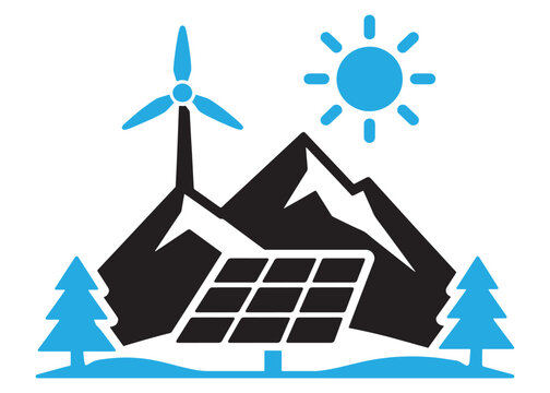 Renewable energy icon with wind turbine solar panel mountains and pine trees