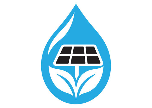 Solar panel icon inside a blue water drop shape with renewable energy