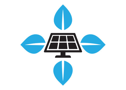 Solar panel icon surrounded by four blue leaves with green energy