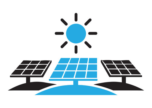 Solar panels with sun icon representing renewable sun power generation