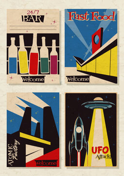 1950s Advertising Posters Atomic Age Style Illustrations. Mid Century Modern Designs, Vintage Colors, Abstract Backgrounds Aged Paper Texture