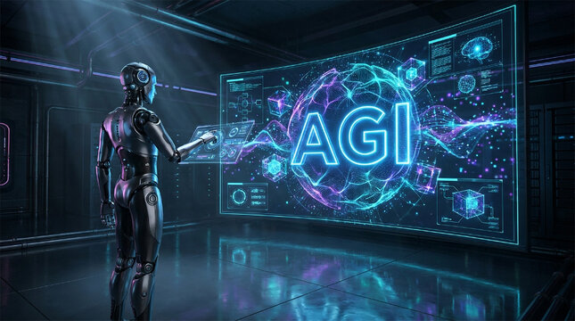 Humanoid Robot Controlling AGI System on Futuristic Digital Screen.