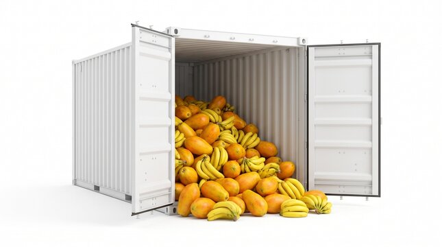 Shipping Container Filled with Fresh Bananas and Oranges for Export