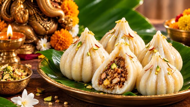 Fresh Ukadiche Modak Sweets Served on Banana Leaf Plate for Ganesh Chaturthi Celebration