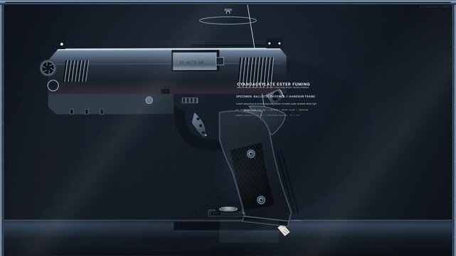 Forensic animation detailing the cyanoacrylate superglue fuming process on a handgun, featuring thermal vaporization, vapor plume circulation, and polymerization to develop latent fingerprints