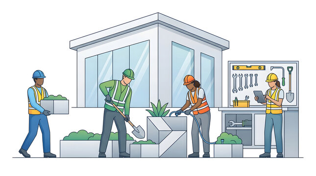 Group of construction workers performing various landscaping and maintenance tasks.