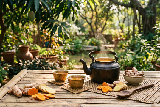 Ayurvedic turmeric and ginger tea in a rustic sunlit garden