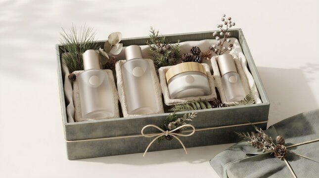Stylish cosmetic gift collection displayed in a refined presentation box with premium containers, neutral tones, and decorative botanical elements.