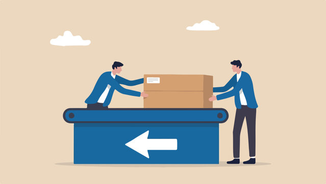Reverse logistics, product return, sending back items concept, flat package moving backward on a solid conveyor belt with a return arrow, clean minimal flat vector illustration