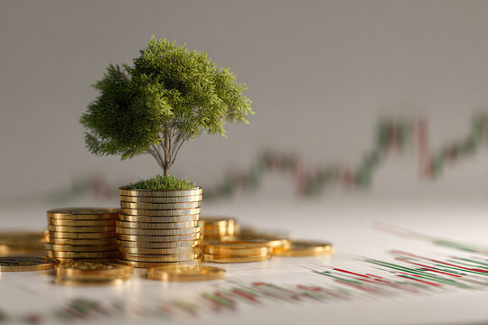 invest concept. Green tree growing on gold coins. Growing power of compound interest. Prosperous stock investment. Savings. Financial graph showing inflation. stock market chart growth investment. 