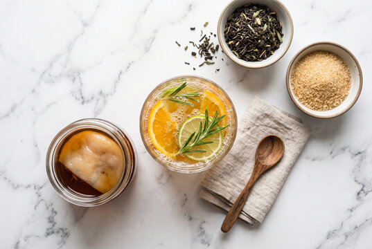 Citrus kombucha tea with rosemary and scoby on white marble