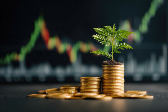 invest concept. Green tree growing on gold coins. Growing power of compound interest. Prosperous stock investment. Savings. Financial graph showing inflation. stock market chart growth investment. 