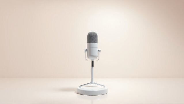 Vintage microphone stands on surface. Minimalist studio setup, soft lighting creates calm atmosphere. Simple design, elegant presentation.