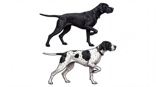 Detailed illustrations of black and spotted pointer hunting dogs standing in profile on white background