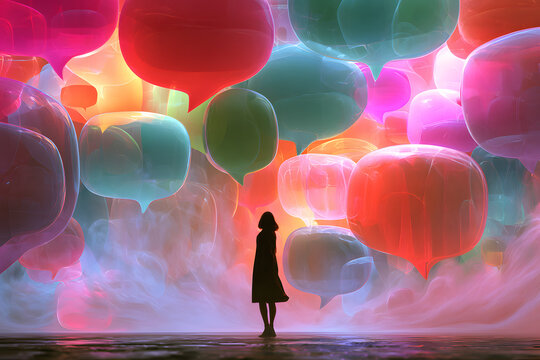 The concept is about a silhouette of a woman surrounded by colorful speech bubbles in a dreamy atmosphere. It represents communication, ideas, and creativity, in preparation for World Communication Da