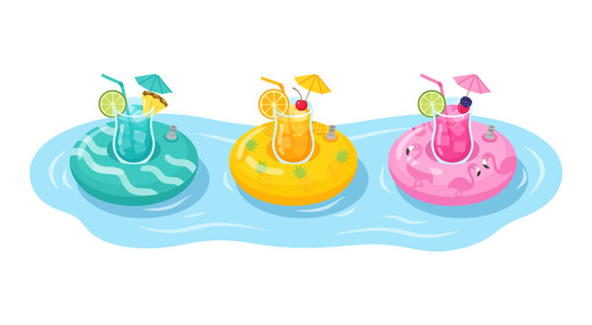 Tropical drinks with floating rings set, summer vacation concept featuring cocktails, beverage