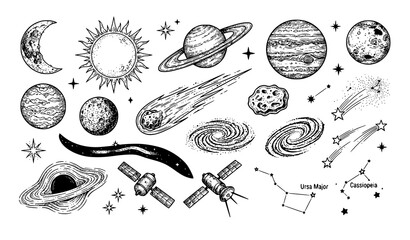 Vintage Astronomy Space Elements Doodle Set with Moon Saturn and Comet © Md Monirul