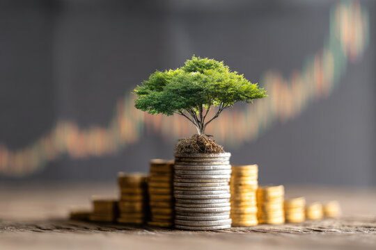 invest concept. Green tree growing on gold coins. Growing power of compound interest. Prosperous stock investment. Savings. Financial graph showing inflation. stock market chart growth investment. 