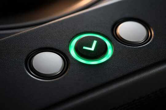 A close up view of a glowing green checkmark button on a dark control panel.