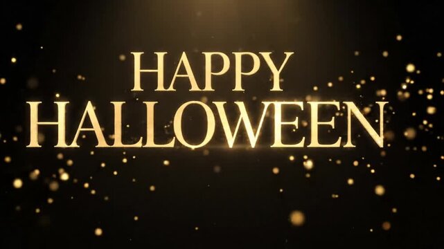 Happy Halloween typography glows in golden letters surrounded by glittering magic dust particles.