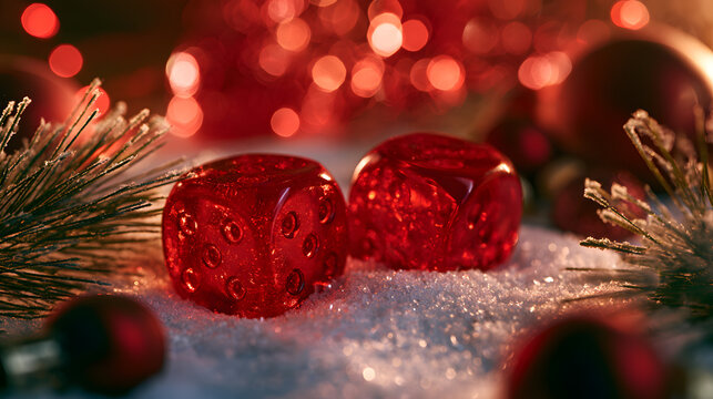 Red dice contrasting with snowy surfaces adorned with Christmas decorations and accented by red bokeh lights, symbolizing holiday cheer, festive decorations, and winter celebrations. Perfect for holid