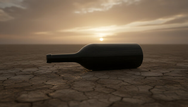 A single dark glass bottle lying on the dry cracked earth at sunset.