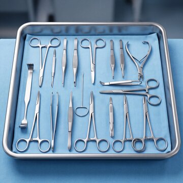 Surgical instruments and tools organized on a sterile medical tray