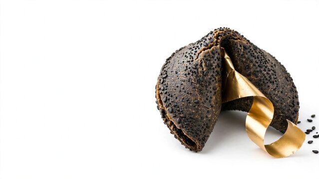 Black sesame fortune cookie half open with gold foil fortune
