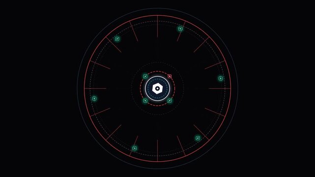 Abstract futuristic radar interface with glowing dots and digital circles on dark background